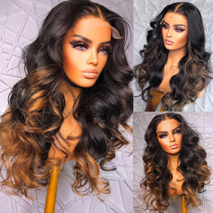 eullair Camel Brown Highlight Wavy Lace Frontal Human Hair Wig Curling Iron Styled Lace Wigs For Black Women