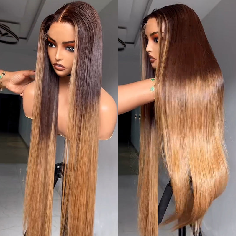 eullair Ombre Chocolate Brown with Honey Brown Sunk Stripe Straight Human Hair Wig Pre Colored Transparent HD Lace Frontal Wigs For Women ( EW010 )