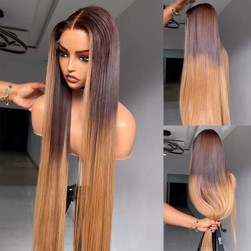 eullair Ombre Chocolate Brown with Honey Brown Sunk Stripe Straight Human Hair Wig Pre Colored Transparent HD Lace Frontal Wigs For Women ( EW010 )