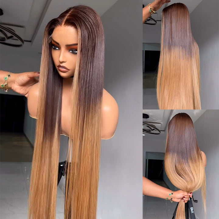 eullair Ombre Chocolate Brown with Honey Brown Sunk Stripe Straight Human Hair Wig Pre Colored Transparent HD Lace Frontal Wigs For Women ( EW010 )