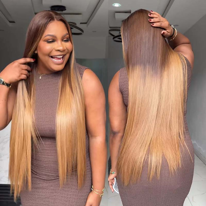 eullair Ombre Chocolate Brown with Honey Brown Sunk Stripe Straight Human Hair Wig Pre Colored Transparent HD Lace Frontal Wigs For Women ( EW010 )