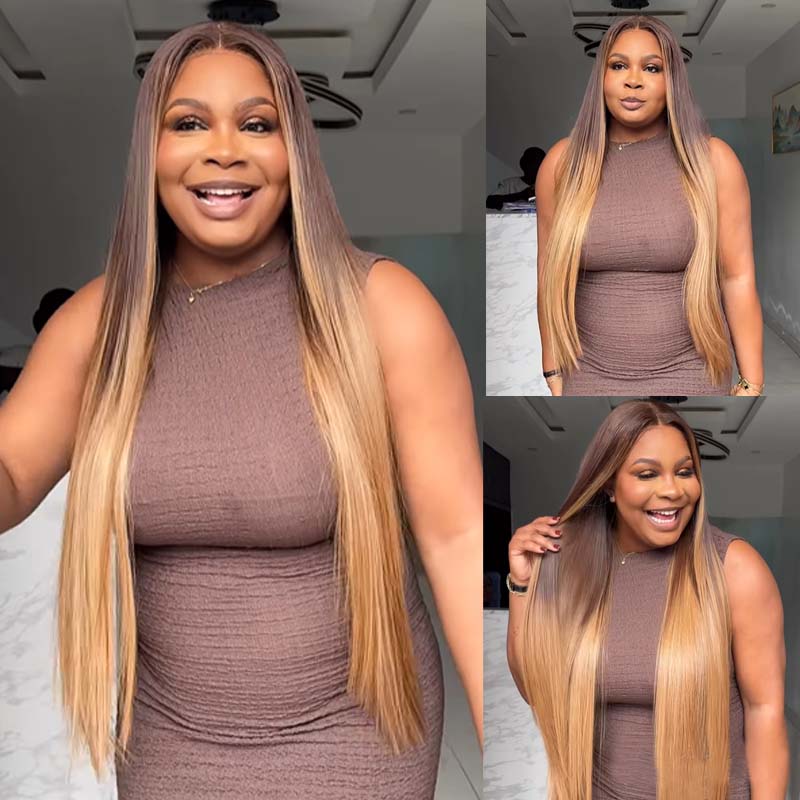 eullair Ombre Chocolate Brown with Honey Brown Sunk Stripe Straight Human Hair Wig Pre Colored Transparent HD Lace Frontal Wigs For Women ( EW010 )