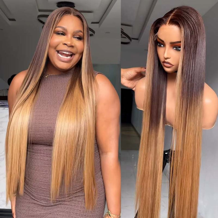 eullair Ombre Chocolate Brown with Honey Brown Sunk Stripe Straight Human Hair Wig Pre Colored Transparent HD Lace Frontal Wigs For Women ( EW010 )
