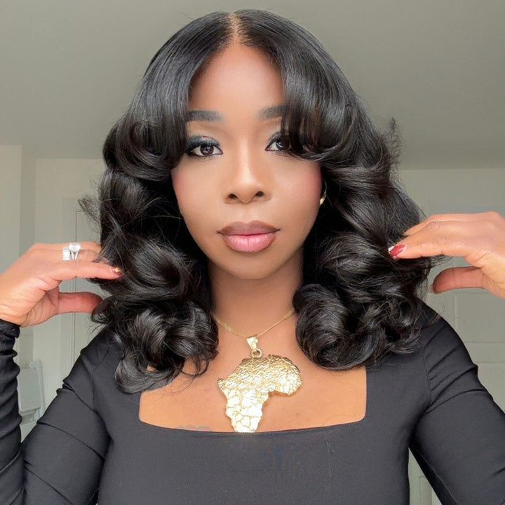 eullair Bouncy Wave Put On Go Glueless Wig 9x6 Pre Cut Short Bob Wig With Curtain Bangs Human Hair Wigs