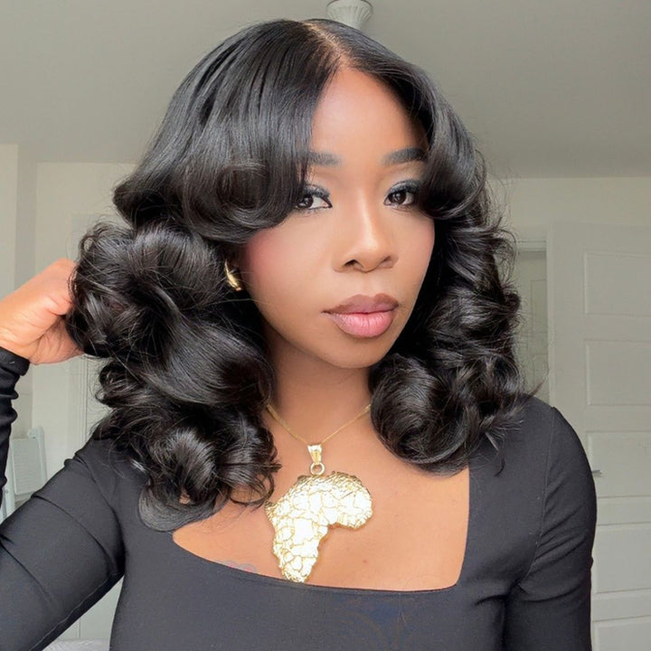 eullair Bouncy Wave Put On Go Glueless Wig 9x6 Pre Cut Short Bob Wig With Curtain Bangs Human Hair Wigs
