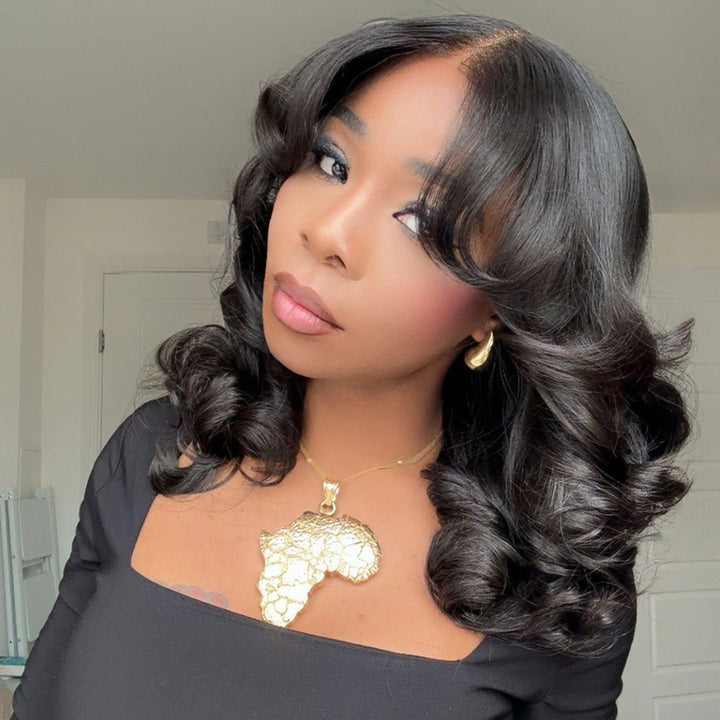 eullair Bouncy Wave Put On Go Glueless Wig 9x6 Pre Cut Short Bob Wig With Curtain Bangs Human Hair Wigs