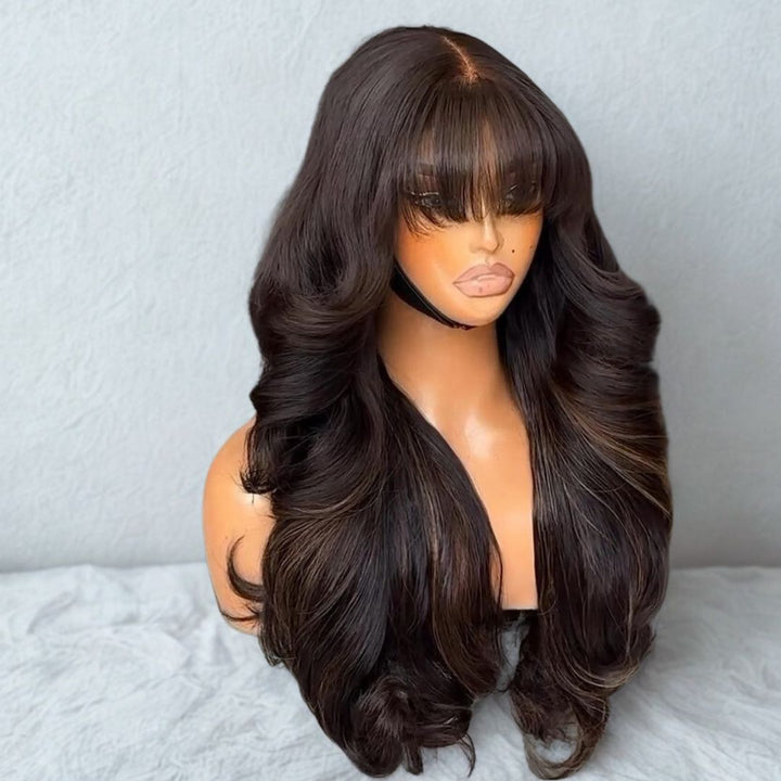 eullair Butterfly Curls With Bangs 13x4 Black Mixed Brown Highlight Lace Frontal Human Hair Wigs 250% Density