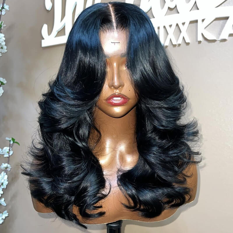 eullair Hairstylist Inspired Butterfly Layered Cut Loose Body Wave Wig With Curtain Bangs Human Hair Pre Cut Lace Front Wig