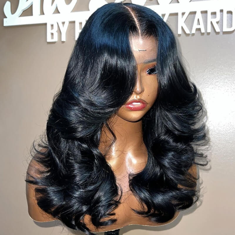 eullair Hairstylist Inspired Butterfly Layered Cut Loose Body Wave Wig With Curtain Bangs Human Hair Pre Cut Lace Front Wig