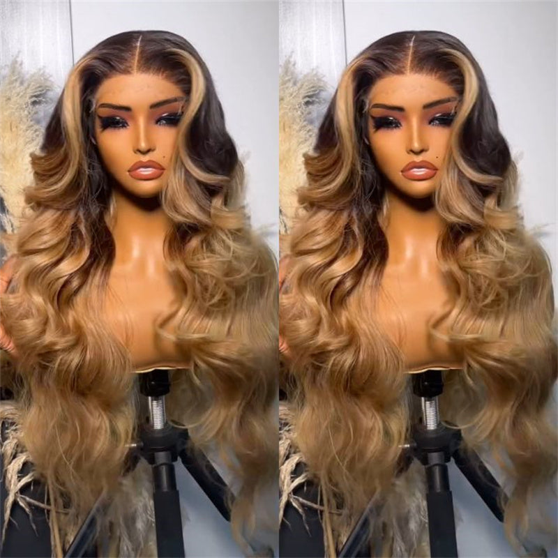 eullair Glueless Dark Root Ombre Ash Honey Blonde Human Hair Wig Skunk Stripe Lace Frontal Wig