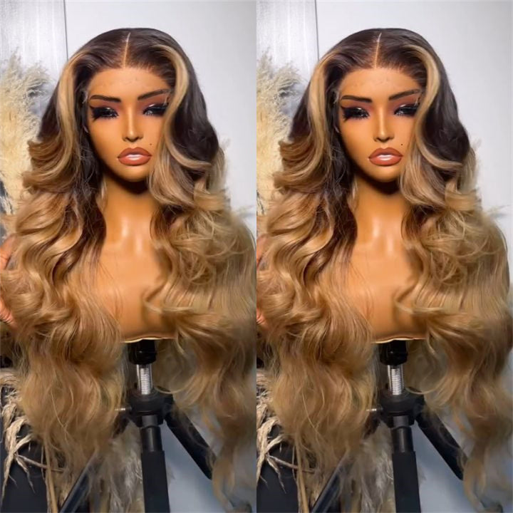 eullair Glueless Dark Root Ombre Ash Honey Blonde Human Hair Wig Skunk Stripe Lace Frontal Wig