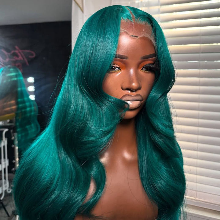 eullair Dark Green Body Wave Wig with Layered Curtain Bangs Glueless Human Hair Lace Frontal Wig For Women