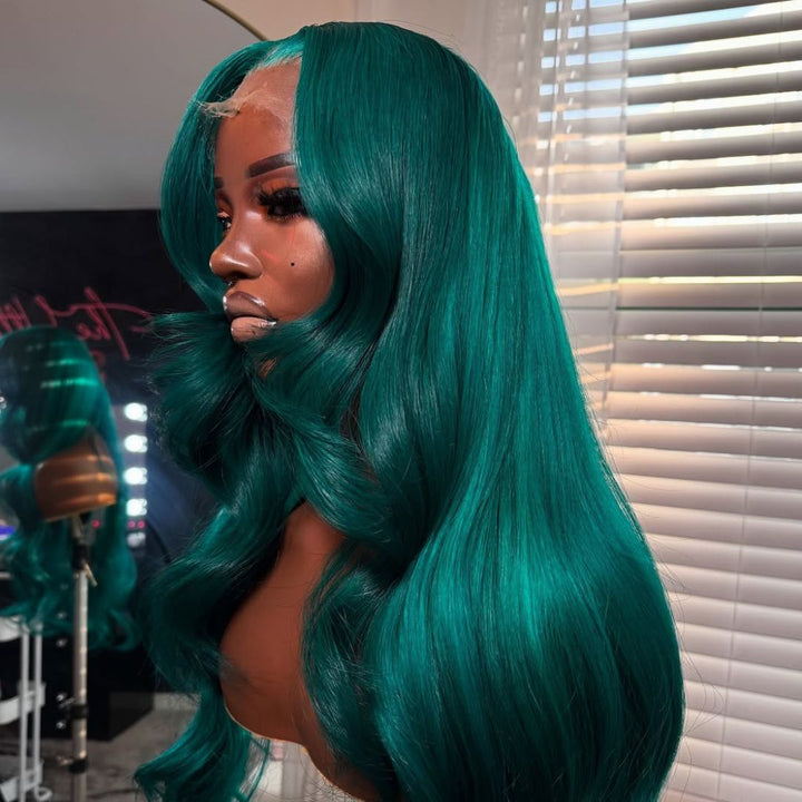 eullair Dark Green Body Wave Wig with Layered Curtain Bangs Glueless Human Hair Lace Frontal Wig For Women