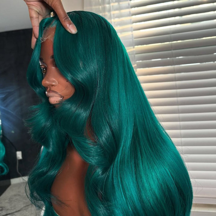 eullair Dark Green Body Wave Wig with Layered Curtain Bangs Glueless Human Hair Lace Frontal Wig For Women