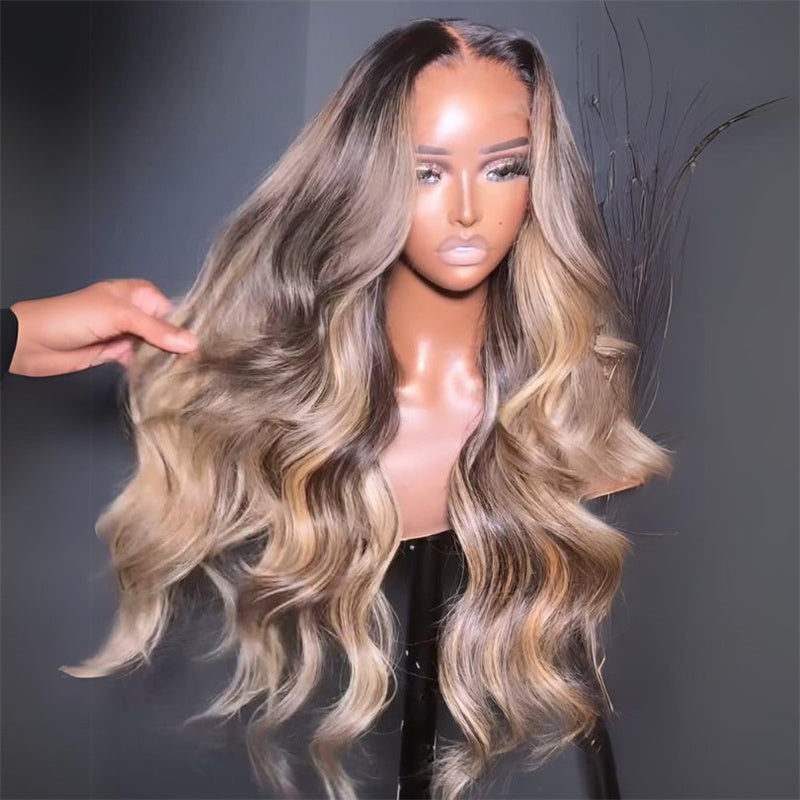 eullair Balayage Highlight Body Wave Glueless Human Hair Wig Blonde With Black Root Colored Lace Frontal Wig