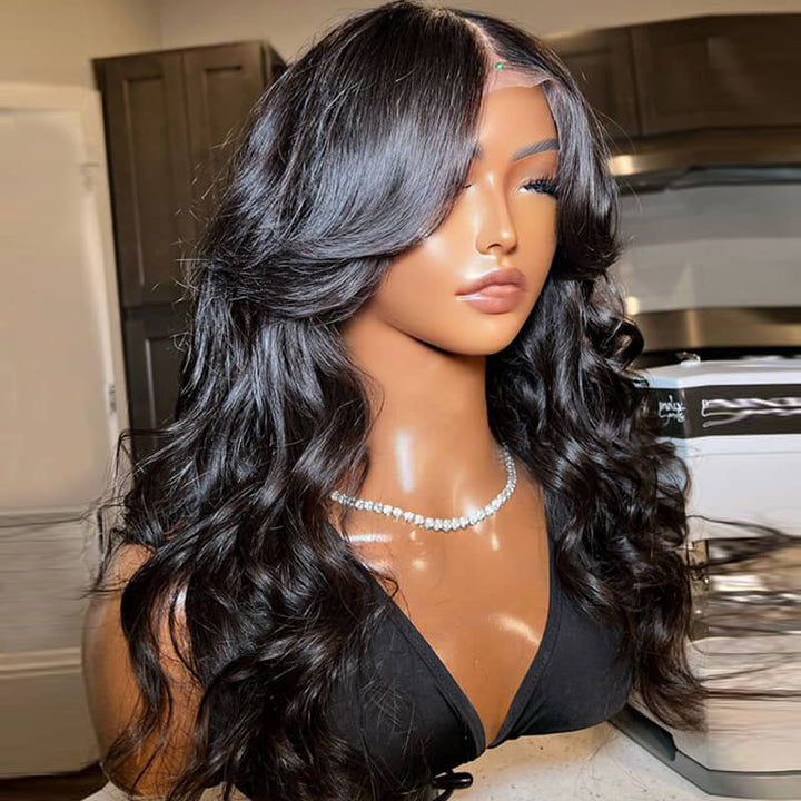 Inspired Layered Cut Loose Wave Wig With Curtain Bangs eullair Loose Wave Pre Cut Lace Human Hair Wig