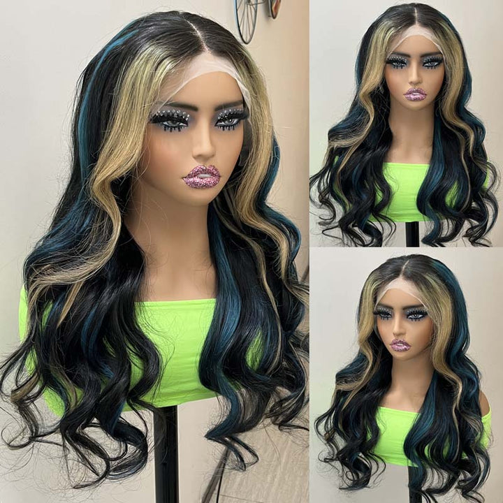 eullair Black with Red and Blonde Body Wave Wig Blue Orange Highlights 3 Colors Balayage Straight Lace Frontal Wig