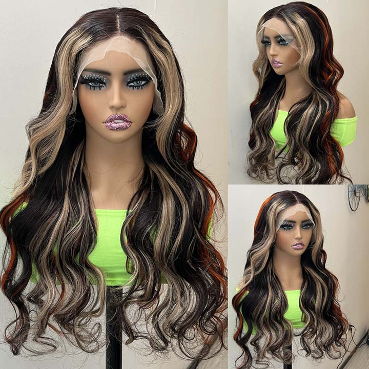 eullair Black with Red and Blonde Body Wave Wig Blue Orange Highlights 3 Colors Balayage Straight Lace Frontal Wig