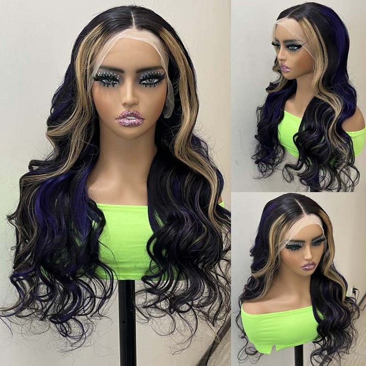 eullair Black with Red and Blonde Body Wave Wig Blue Orange Highlights 3 Colors Balayage Straight Lace Frontal Wig