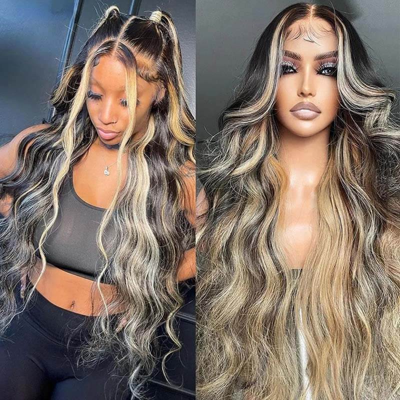 eullair Inner Brown With Ash Blonde Highlight Body Wave Human Hair Wig Blonde Lace Frontal Wig For Women ( EW005 )