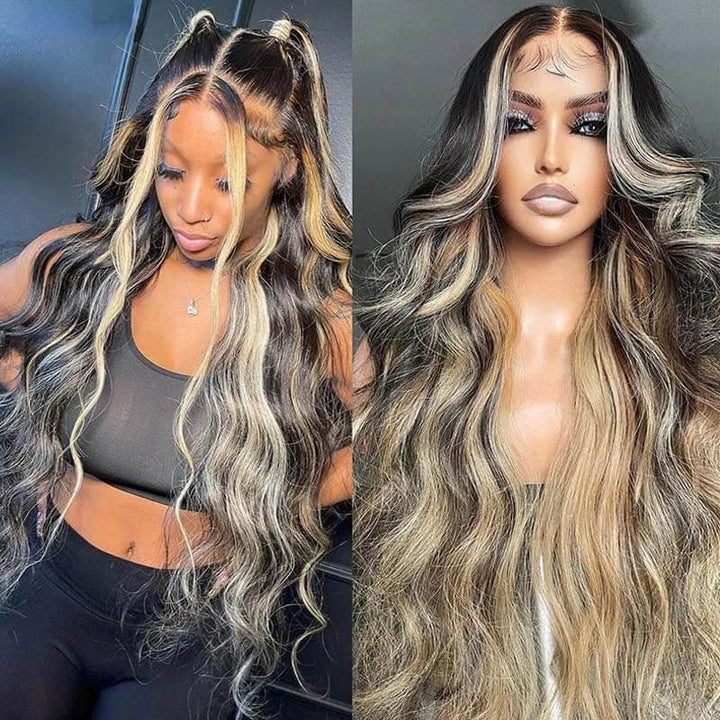 eullair Inner Brown With Ash Blonde Highlight Body Wave Human Hair Wig Blonde Lace Frontal Wig For Women ( EW005 )