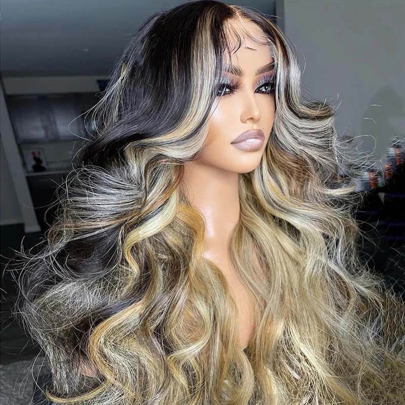 eullair Inner Brown With Ash Blonde Highlight Body Wave Human Hair Wig Blonde Lace Frontal Wig For Women ( EW005 )