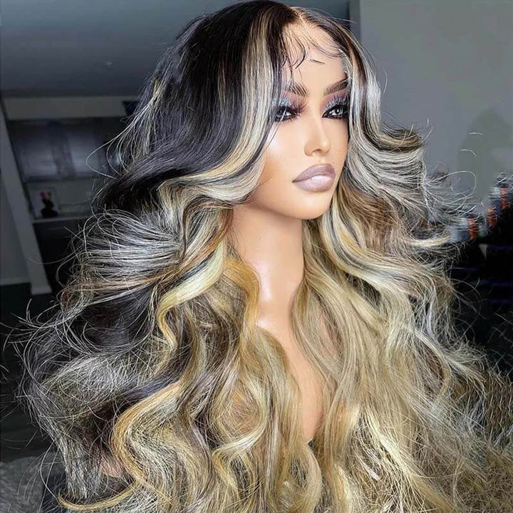 eullair Inner Brown With Ash Blonde Highlight Body Wave Human Hair Wig Blonde Lace Frontal Wig For Women ( EW005 )
