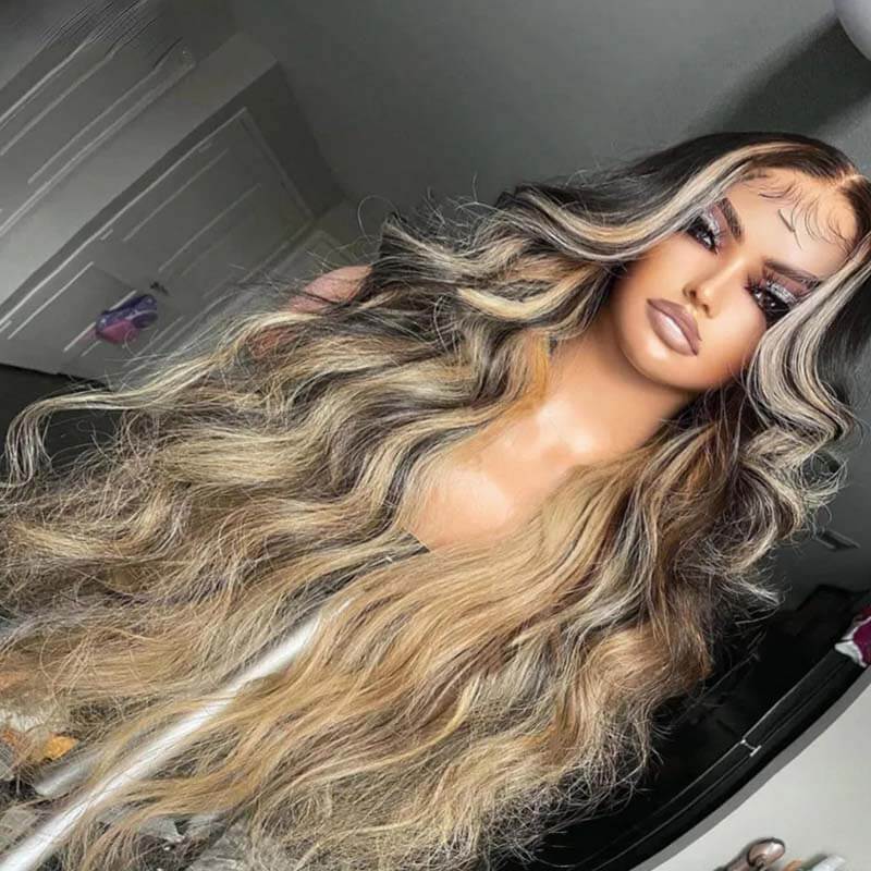 eullair Inner Brown With Ash Blonde Highlight Body Wave Human Hair Wig Blonde Lace Frontal Wig For Women ( EW005 )