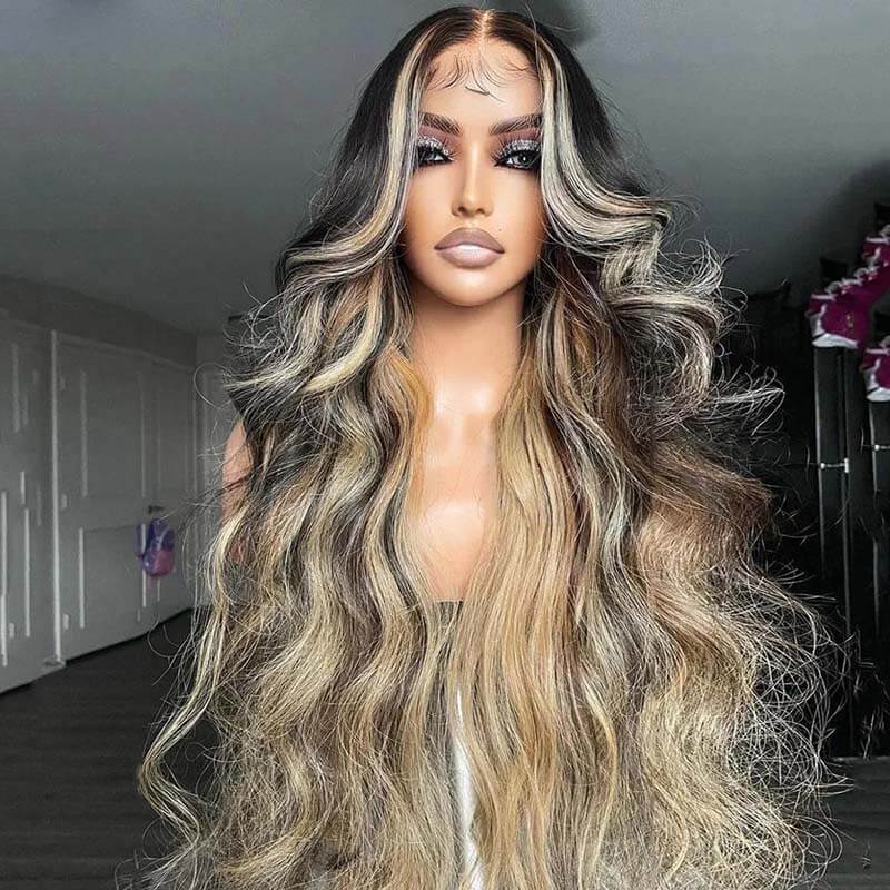 eullair Inner Brown With Ash Blonde Highlight Body Wave Human Hair Wig Blonde Lace Frontal Wig For Women ( EW005 )