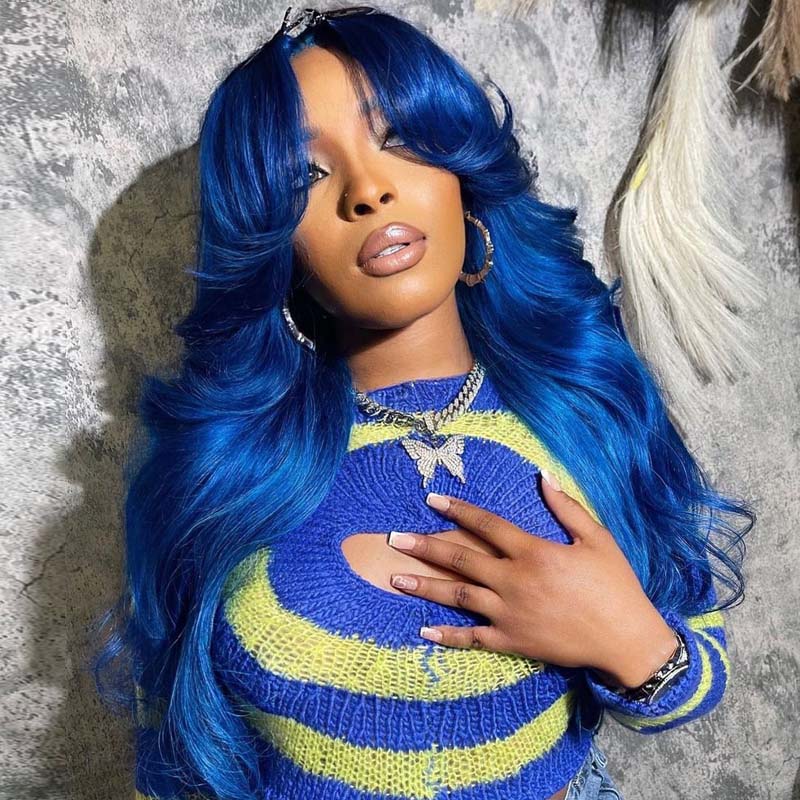 eullair Blue Body Wave Wavy with Layered Curtain Bangs Wig Blue Straight Human Hair Glueless Lace Frontal Wig