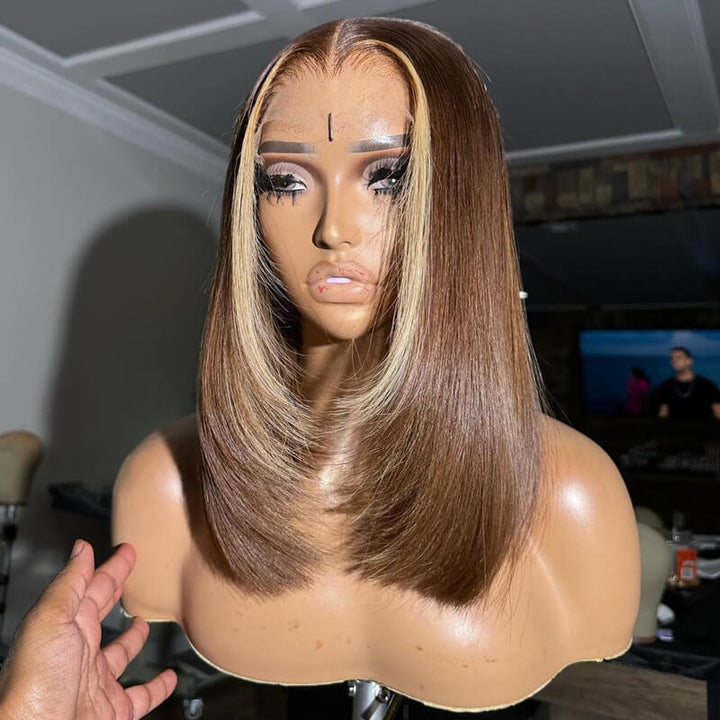 eullair Glueless Layered Cut Brown With Blonde Highlight BOB Skunk Stripe Straight Pre Cut Lace Human Hair Wig
