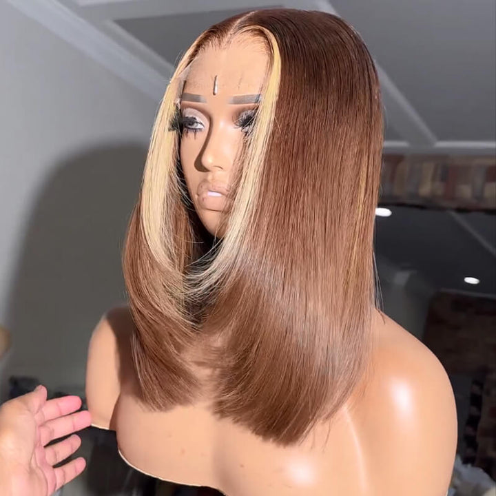 eullair Glueless Layered Cut Brown With Blonde Highlight BOB Skunk Stripe Straight Pre Cut Lace Human Hair Wig