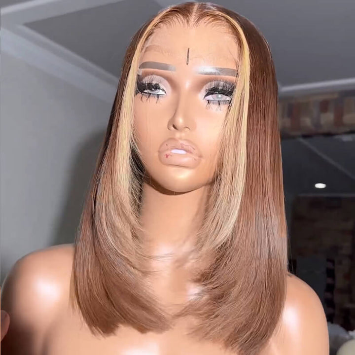 eullair Glueless Layered Cut Brown With Blonde Highlight BOB Skunk Stripe Straight Pre Cut Lace Human Hair Wig