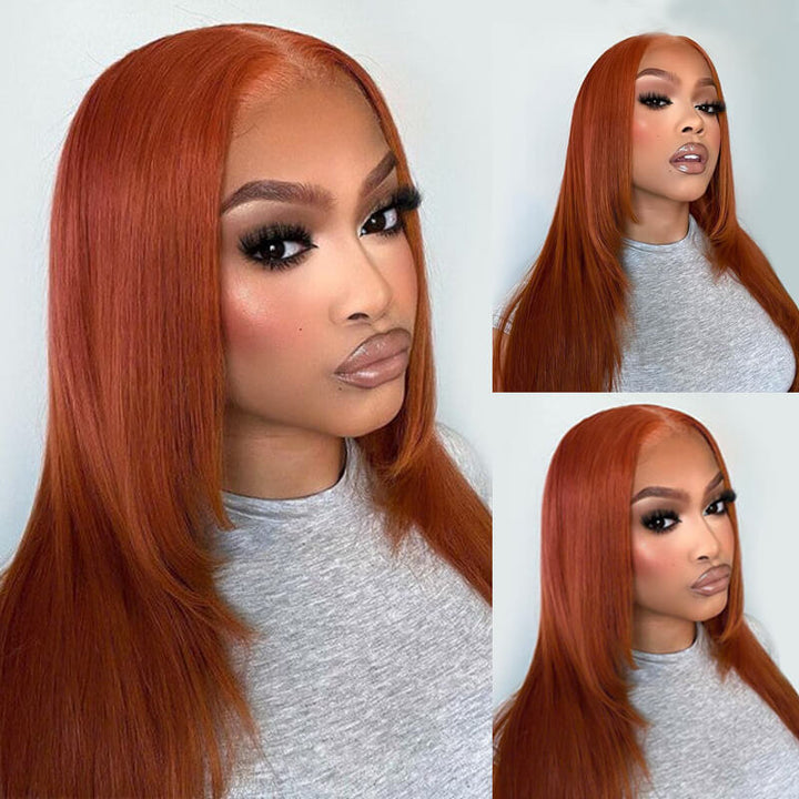 eullair Framing Green Skunk Stripe Layered Cut Styled Golden Ginger Highlight Straight Pre Cut Lace Front Human Hair Wig