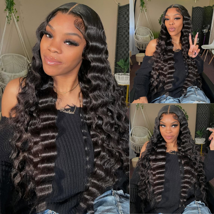 eullair Crimped Wigs Parting Max 9x6 Big Deep Wave Lace Front Human Hair Wigs Pre Cut Wear Go Glueless Wigs