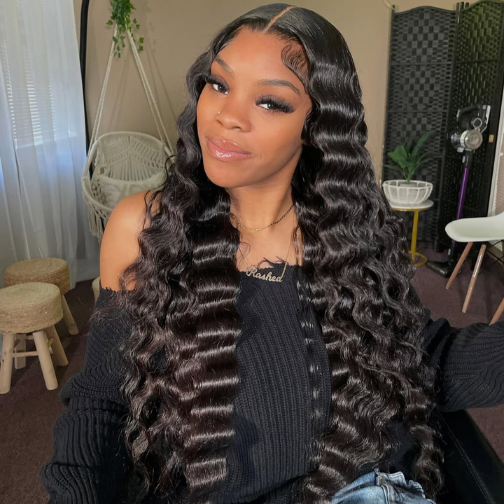 eullair Crimped Wigs Parting Max 9x6 Big Deep Wave Lace Front Human Hair Wigs Pre Cut Wear Go Glueless Wigs