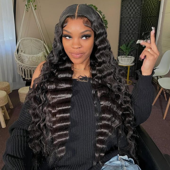 eullair Crimped Wigs Parting Max 9x6 Big Deep Wave Lace Front Human Hair Wigs Pre Cut Wear Go Glueless Wigs