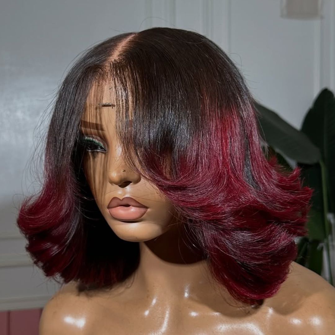eullair Designer Layered Curtain Bangs Wigs Ombre 1B Red 13x4 Short Wavy Glueless Bob Wigs