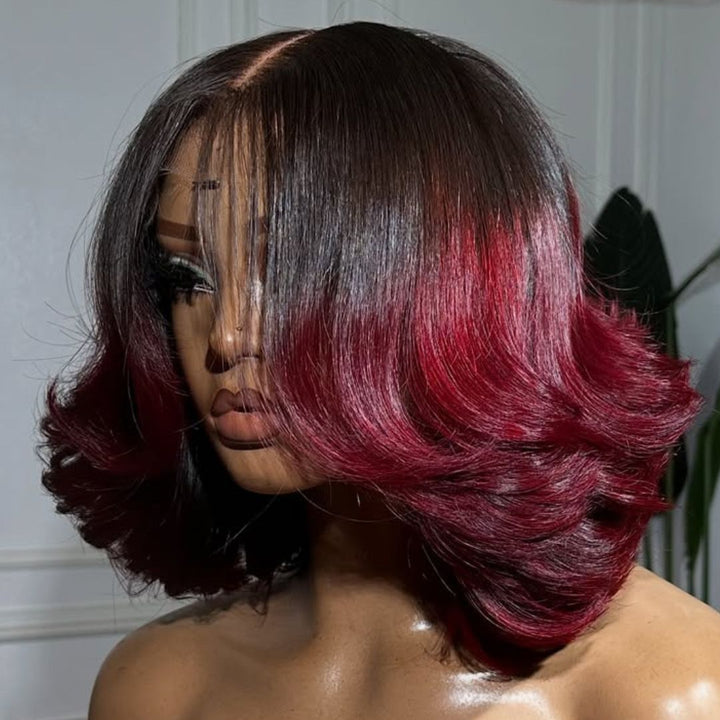 eullair Designer Layered Curtain Bangs Wigs Ombre 1B Red 13x4 Short Wavy Glueless Bob Wigs