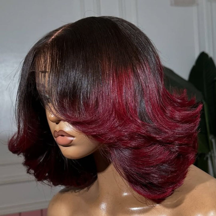 eullair Designer Layered Curtain Bangs Wigs Ombre 1B Red 13x4 Short Wavy Glueless Bob Wigs