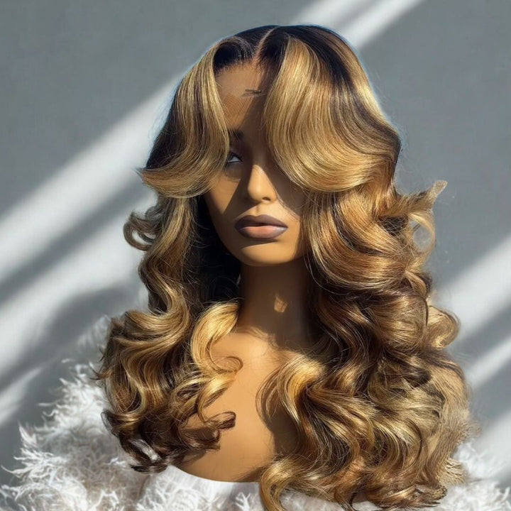 eullair Honey Blonde Highlights Body Wave Wig 13x4 Full Lace Frontal Glueless Wigs Pre Plucked 250% Density
