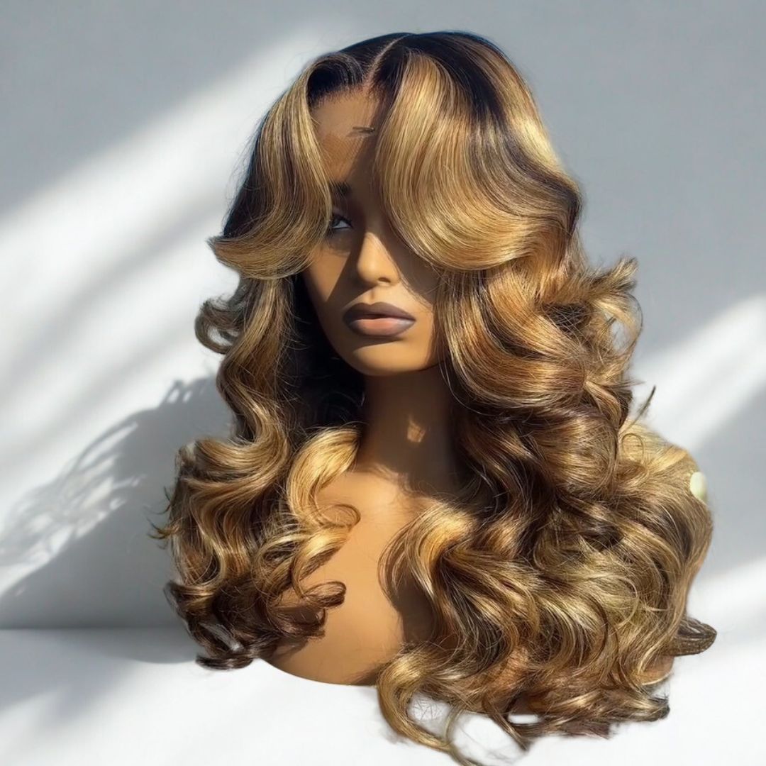 eullair Honey Blonde Highlights Body Wave Wig 13x4 Full Lace Frontal Glueless Wigs Pre Plucked 250% Density