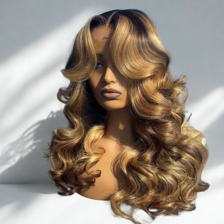 eullair Honey Blonde Highlights Body Wave Wig 13x4 Full Lace Frontal Glueless Wigs Pre Plucked 250% Density