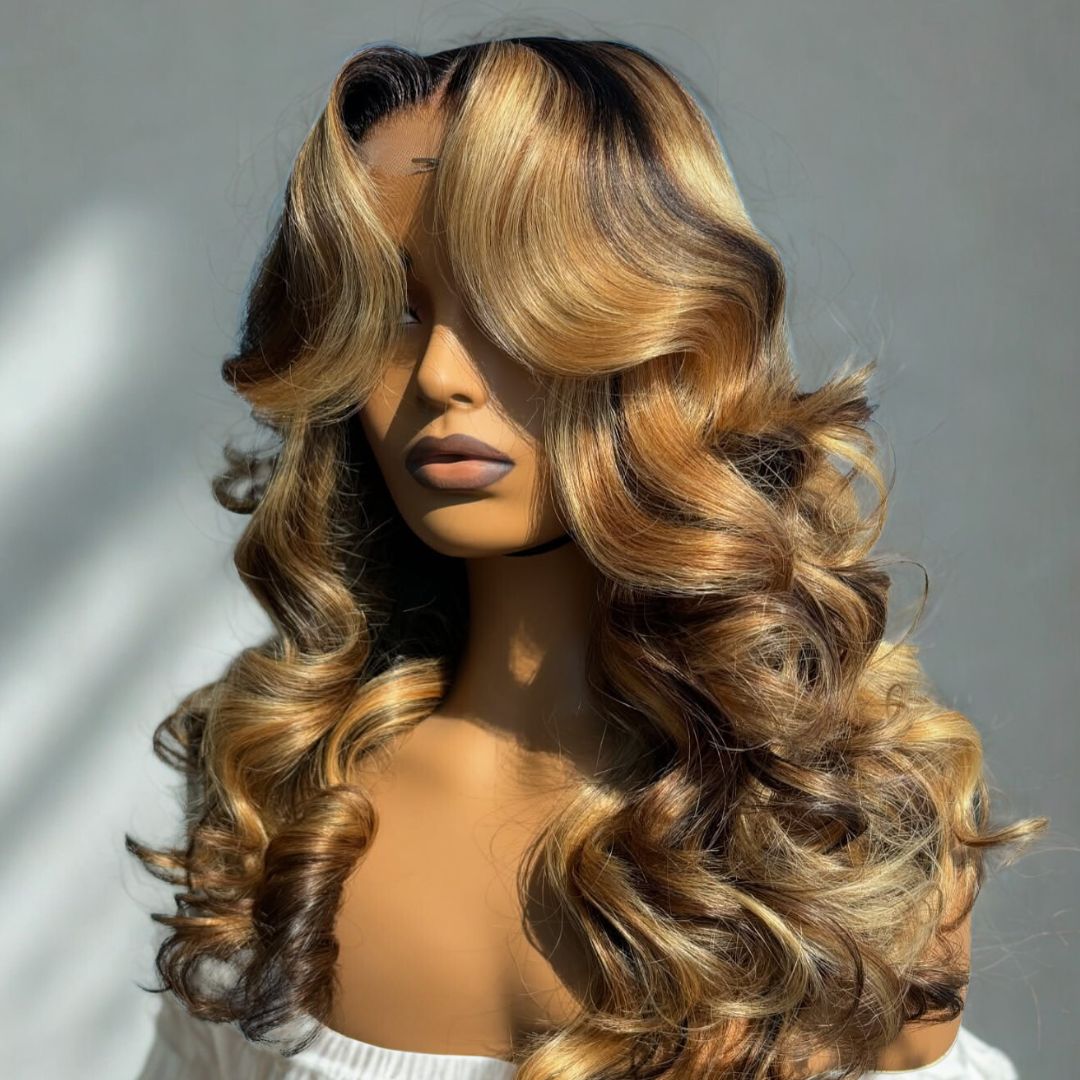 eullair Honey Blonde Highlights Body Wave Wig 13x4 Full Lace Frontal Glueless Wigs Pre Plucked 250% Density