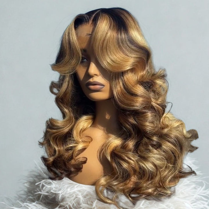 eullair Honey Blonde Highlights Body Wave Wig 13x4 Full Lace Frontal Glueless Wigs Pre Plucked 250% Density