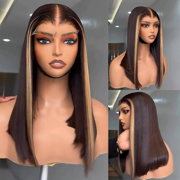 eullair Honey Blonde Skunk Stripe Straight Human Hair Lace Frontal Wig Medium Length Glueless Lace Wigs For Women 18-24inch