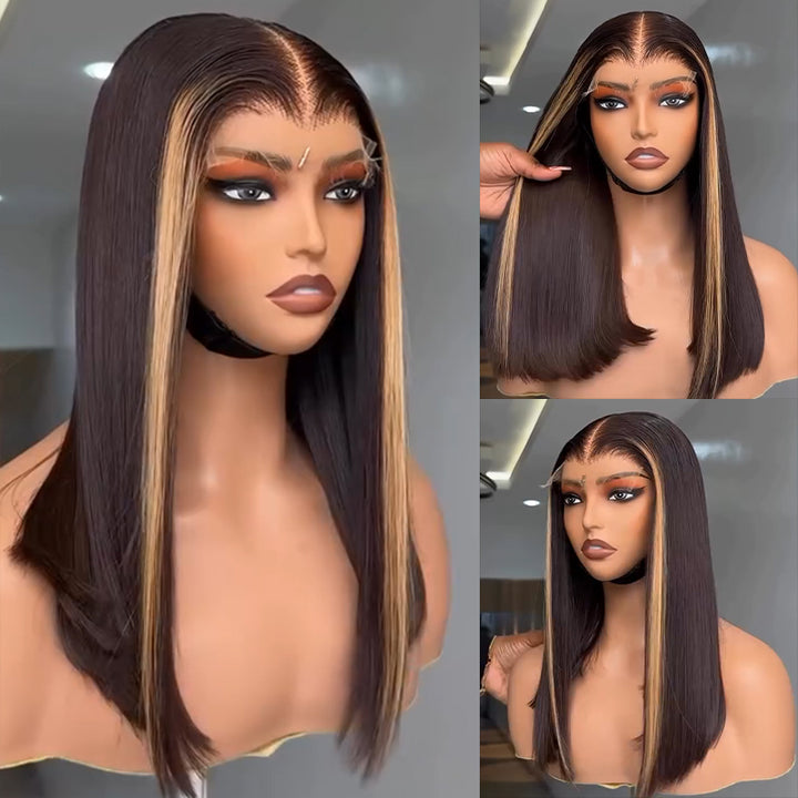 eullair Honey Blonde Skunk Stripe Straight Human Hair Lace Frontal Wig Medium Length Glueless Lace Wigs For Women 18-24inch