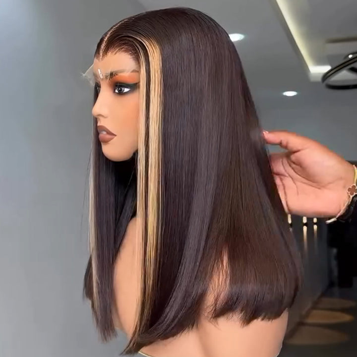 eullair Honey Blonde Skunk Stripe Straight Human Hair Lace Frontal Wig Medium Length Glueless Lace Wigs For Women 18-24inch
