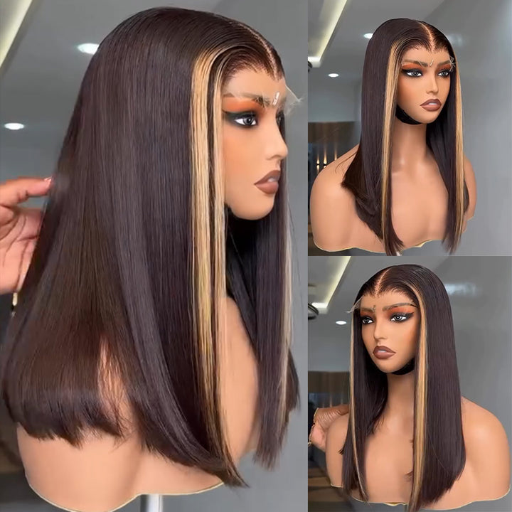 eullair Honey Blonde Skunk Stripe Straight Human Hair Lace Frontal Wig Medium Length Glueless Lace Wigs For Women 18-24inch