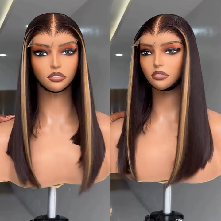 eullair Honey Blonde Skunk Stripe Straight Human Hair Lace Frontal Wig Medium Length Glueless Lace Wigs For Women 18-24inch